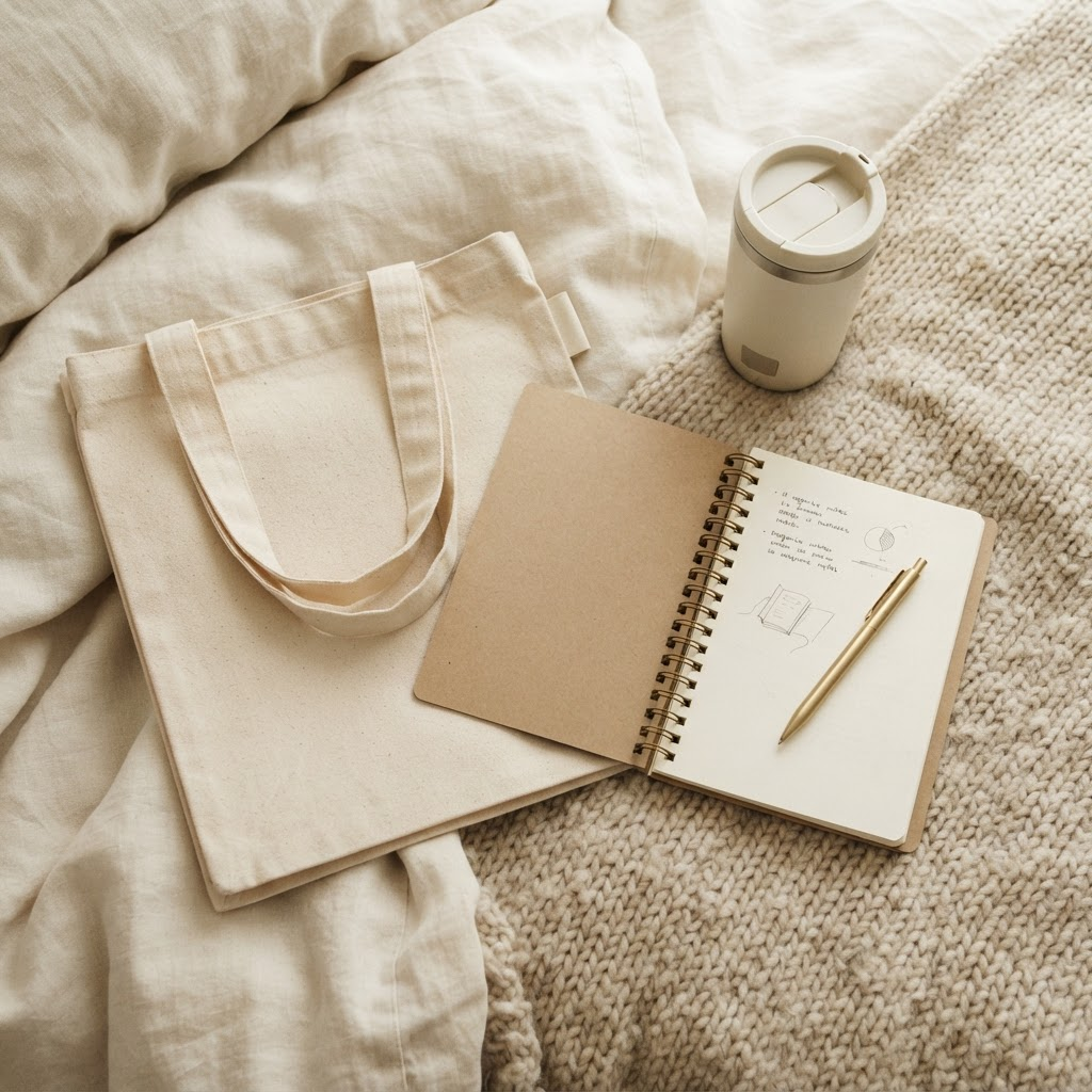 A canvas tote, insulated tumbler, and open journal with a pen on cream bedding