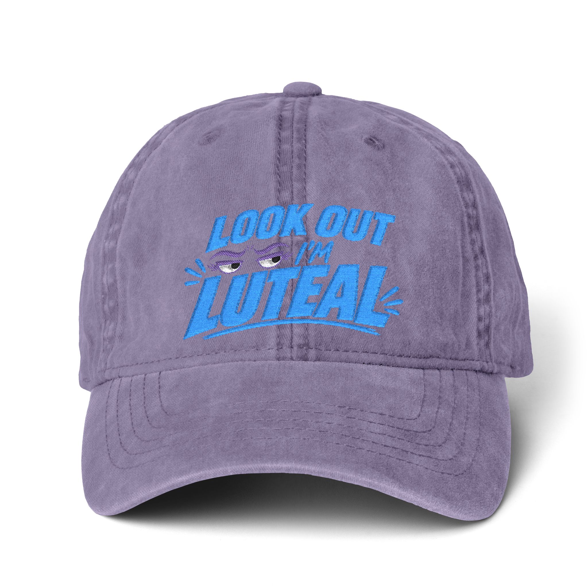 Washed purple cap with blue Look Out I'm Luteal lettering and eyes